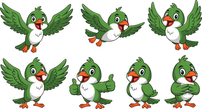 WebCute cartoon green bird mascot character set featuring various poses including flying standing and giving a thumbs up for children branding,