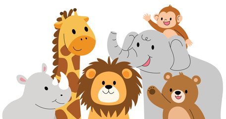 group of cute safari animals, smile child animal cartoon with giraffe, rhino, lion, elephant, bear, monkey, hand draw wildlife character illustration
