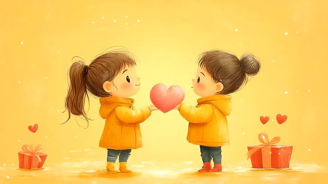 Two children sharing a heart on a festive background