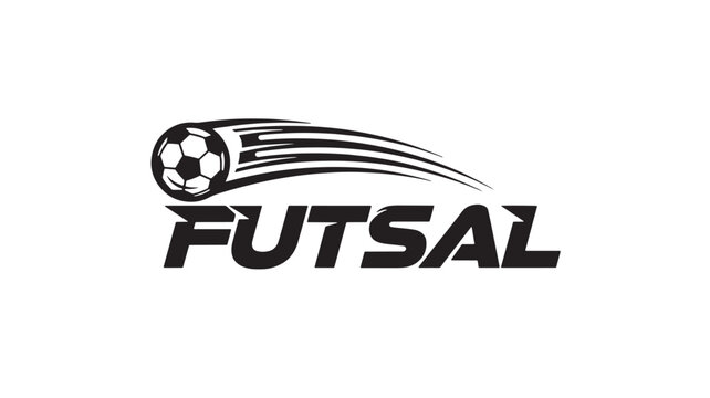 A dynamic black and white logo depicts a soccer ball in motion with the word futsal below high quality professional detailed