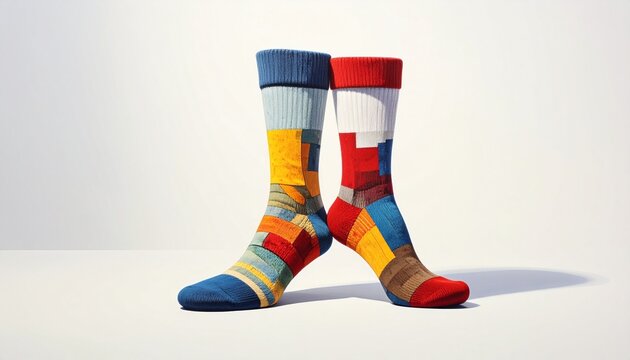 Colorful mismatched socks on white background, showcasing unique patterns and designs.