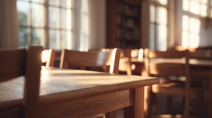 Row of wooden chairs in a room with large windows. the chairs are arranged in a neat and orderly manner, with the backrests facing towards the right side of the image.