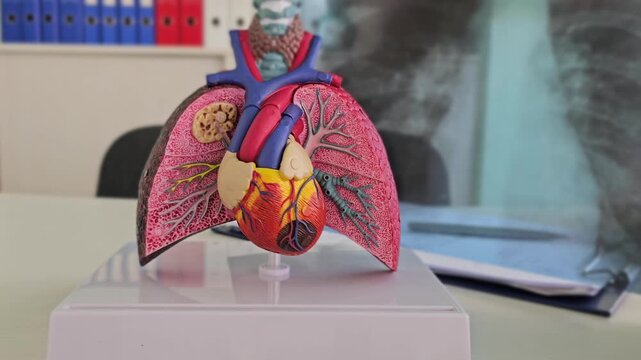 Learning about human lungs and heart anatomy with a model in a classroom at a medical school