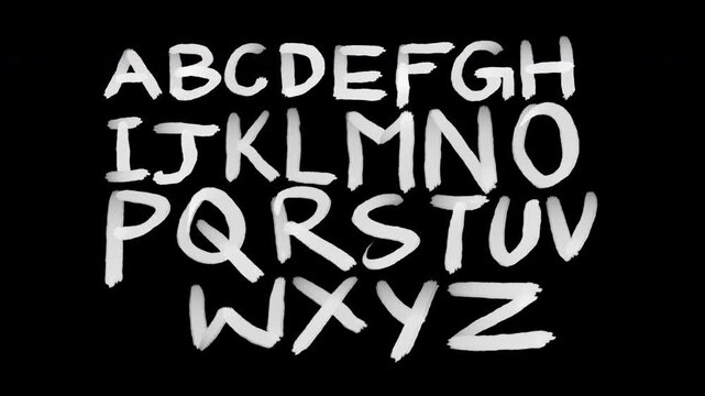 4K Animated Video of White Hand Painted Brush Stroke Alphabet Letters A-Z Isolated on Alpha Transparent Background