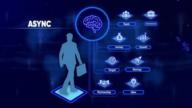 Asynchronous Business Operations and Workflow Management Concept with Icons and Silhouette Man Keywords: ASYNC, asynchronous, business, operations, workflow, management, concept, icons