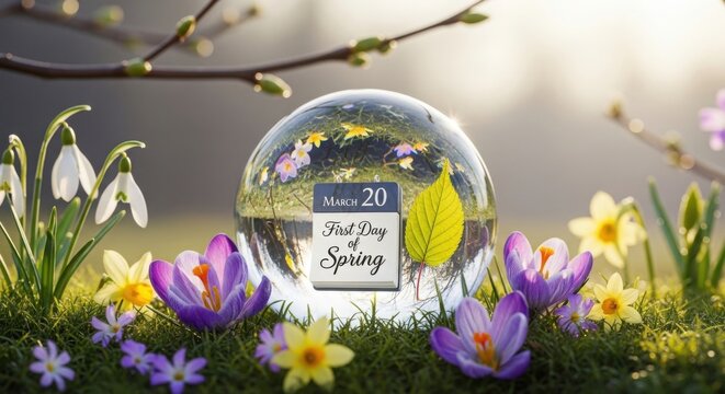 First day of spring in a crystal ball surrounded by blooming flowers