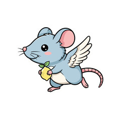 Cartoon mouse with wings holding fruit, whimsical illustration, fantasy creature