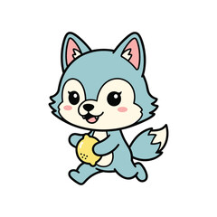 Obraz premium Cute cartoon blue fox mascot running with banana in playful animal character design illustration