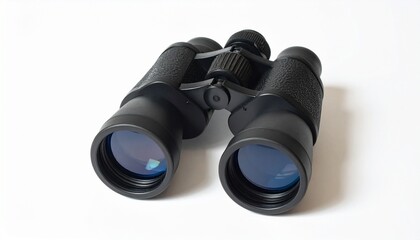 Close-up of Black Binoculars on White Background for Observation.