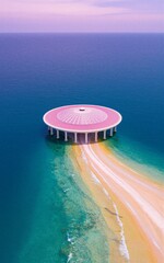 Fototapeta premium Pink circular pavilion floats over turquoise sea, sandy path leads to its base.