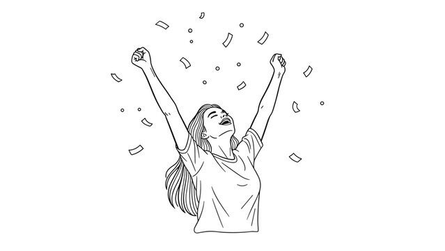 Celebrating woman with raised arms and confetti in black and white sketch style