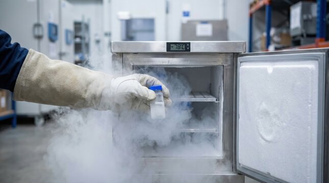 Scientist using cryogenic glove safely retrieving biological sample from ultra low temperature laboratory freezer with digital control for cold storage optimization and research integrity
