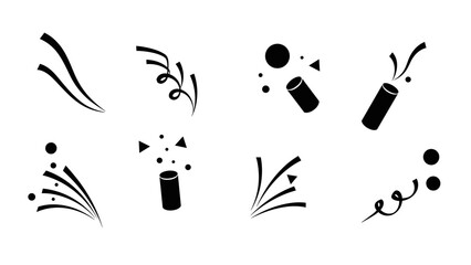 Celebratory icon set with party poppers and confetti in minimalist black silhouette style