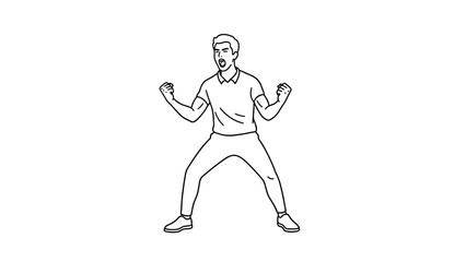 Dynamic line art of a man celebrating with joyful expression and raised fists