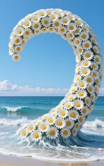 Fototapeta premium Daisy wave curls in ocean, sky backdrop. Bright flowers form natural arch over turquoise waters.