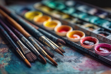 Hobby Art Vibrant Watercolor Paints and Brushes on Artistic Palette for Creative