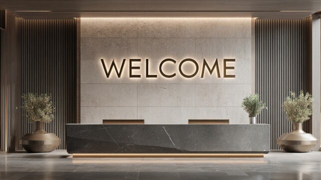 Modern luxury hotel reception desk with illuminated WELCOME sign in elegant lobby