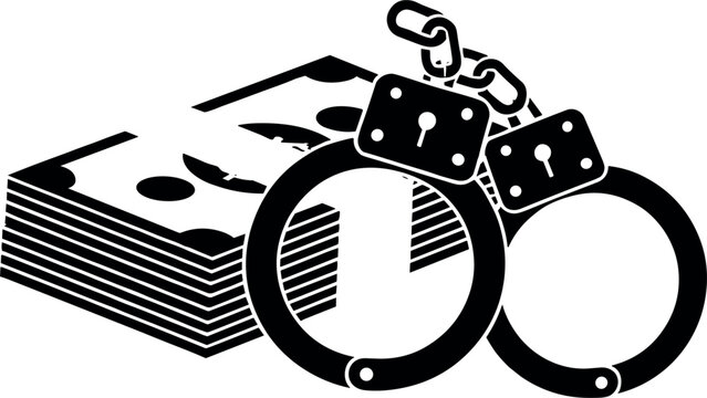 Professional black silhouette illustration of handcuffs on a stack of money for concepts of financial crime corruption bribery money laundering and legal justice