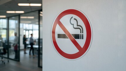 A no-smoking sign posted in a building with people in the background