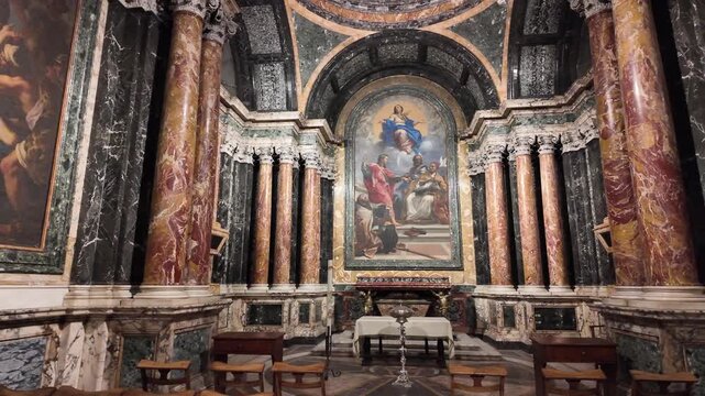 Slow motion cinematic interior of a side chapel in Santa Maria del Popolo, Rome