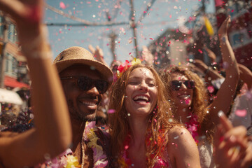 Obraz premium Friends celebrating Carnival as confetti falls in the street