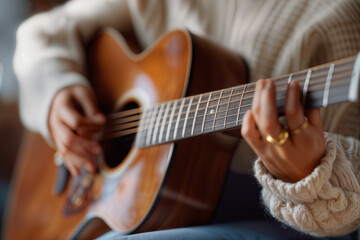 Fototapeta premium Hobby Art Acoustic Guitar Close-Up - Focused Relaxation and Creativity in