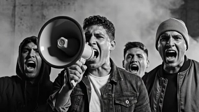 Young activists actively participate in a street protest, conveying strong emotions of anger and determination. The monochrome palette accentuates the intense mood, capturing a raw moment of civil
