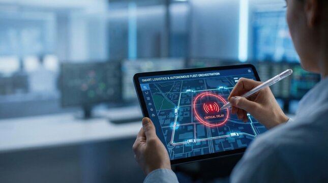 Fleet Manager Analyzing Critical Logistics Delay on Tablet with Smart Route Optimization Interface and Digital Pen for Advanced Supply Chain Infrastructure Efficiency Analytics