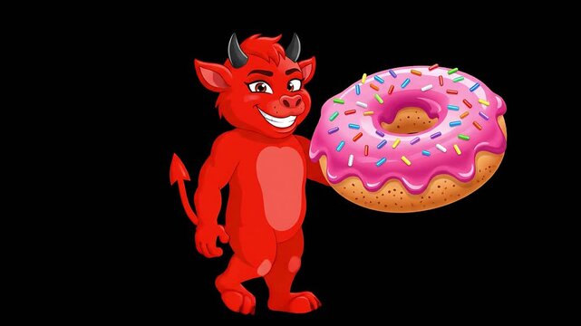 Adorable red devil cartoon character mascot happily holding a refreshing iced matcha green tea beverage with whipped cream topping isolated on black background