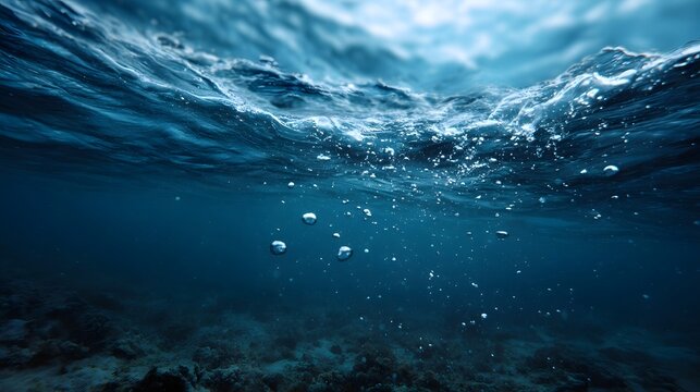 Captivating underwater perspective showing shimmering air bubbles ascending from a dark textured seabed towards the turbulent blue ocean surface