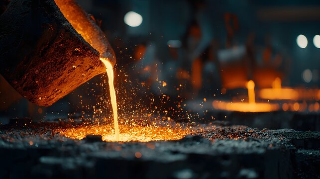 Industrial foundry scene capturing molten orange metal pouring from a crucible with flying sparks and dramatic high-contrast factory lights.