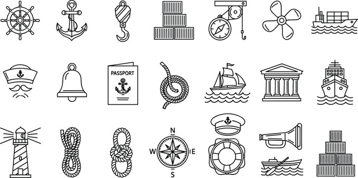 Professional nautical and maritime line icon set featuring ship anchors steering wheels lighthouse cargo containers navigation compass sailing vessels and marine transport symbols vector