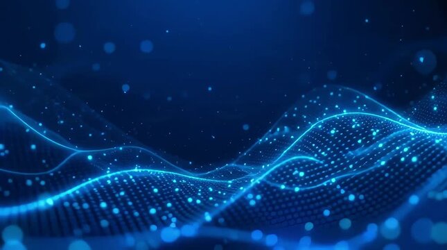 A futuristic digital wave flows through a network of glowing lines and dots in a dark blue environment with a technological and scientific aesthetic.
