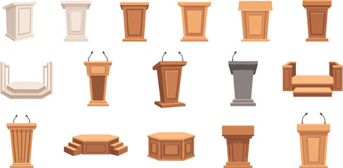 Set of wooden podium, lectern, and rostrum illustrations in cartoon style for speeches, presentations, conferences, ceremonies, and public speaking events