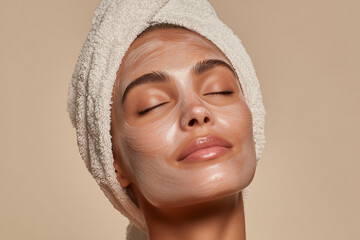 Fototapeta premium Beauty woman relaxing with facial mask treatment and towel on head, spa and wellness procedure concept. Banner with copy space.