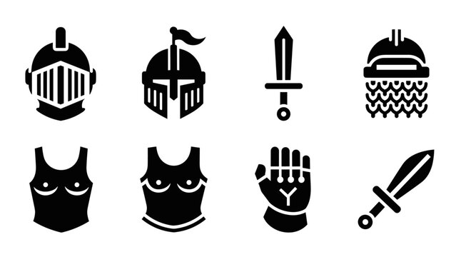 Medieval warrior icons set: helmets, swords, armor in bold black silhouette