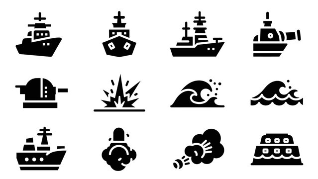 Nautical icons: battleships, waves, cannons, explosions, and marine elements