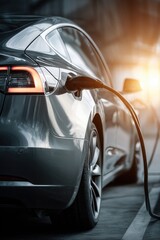 Naklejka premium Electric car being charged with a black cable.