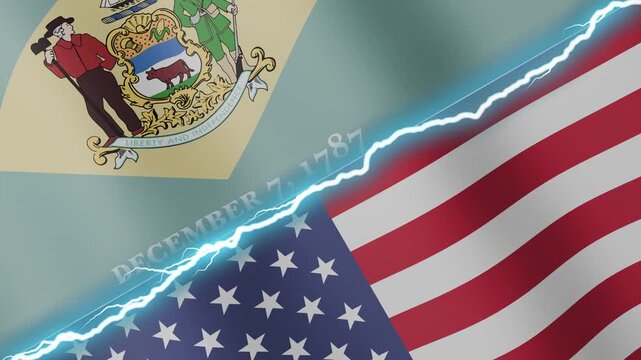 Two waving flags Delaware and United States with diagonal lightning seamless, 4k loop