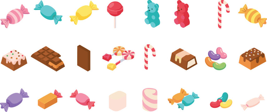 Set of colorful candy and sweet dessert illustrations including chocolates, lollipops, gummies, and wrapped candies, cute isometric vector icons isolated on white