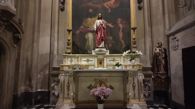 Sacred Heart of Jesus Altar in a Catholic Church, Slow Motion