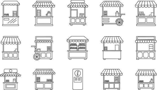 Set of outline street food stalls and kiosks with awnings and carts, hand drawn vector icons for markets, vendors, retail, and urban commerce