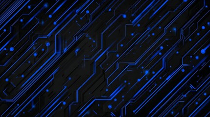 Abstract black cyber circuit with blue light lines and geometric shapes on dark metallic background, representing futuristic technology, digital network, energy flow, and modern innovation