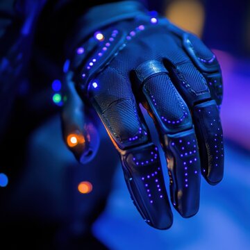 Futuristic Haptic Gloves with LED Lights Gripping Virtual Object - Technology and Innovation Concept