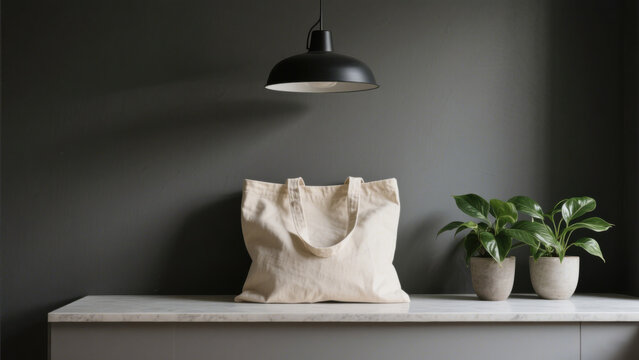 A beige canvas tote bag hanging on a minimalist concrete shelf beside two potted green plants, under a black pendant light against a dark gray wall