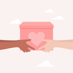 Hands of people of different skin tones holding a red box with a big heart on it. Flat vector illustration