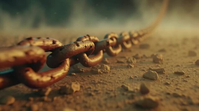 Rusty chain lying on the ground with rocks and dust around, viewed from a low angle, in a rugged outdoor environment