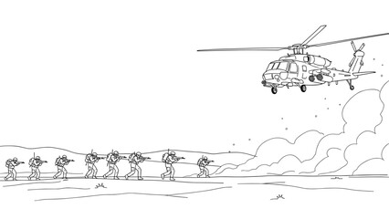 Naklejka premium Military operation scene with soldiers and helicopter in line art style