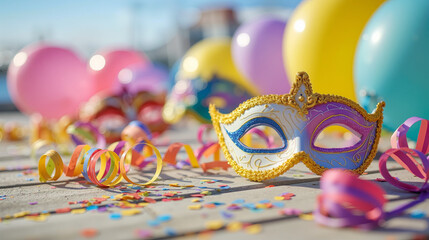 Obraz premium Carnival party accessories arranged on rustic wooden surface