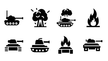 Fototapeta premium Military tank and explosion silhouette icons set on white background